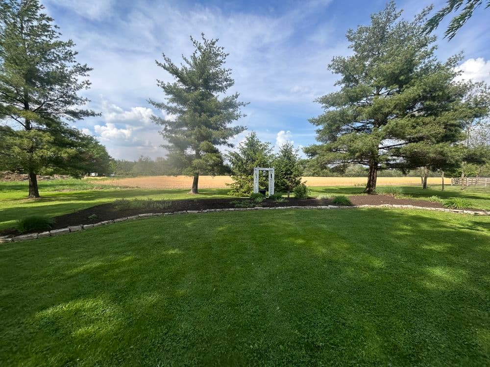 Lush green garden with trees and a decorative archway under a clear blue sky.